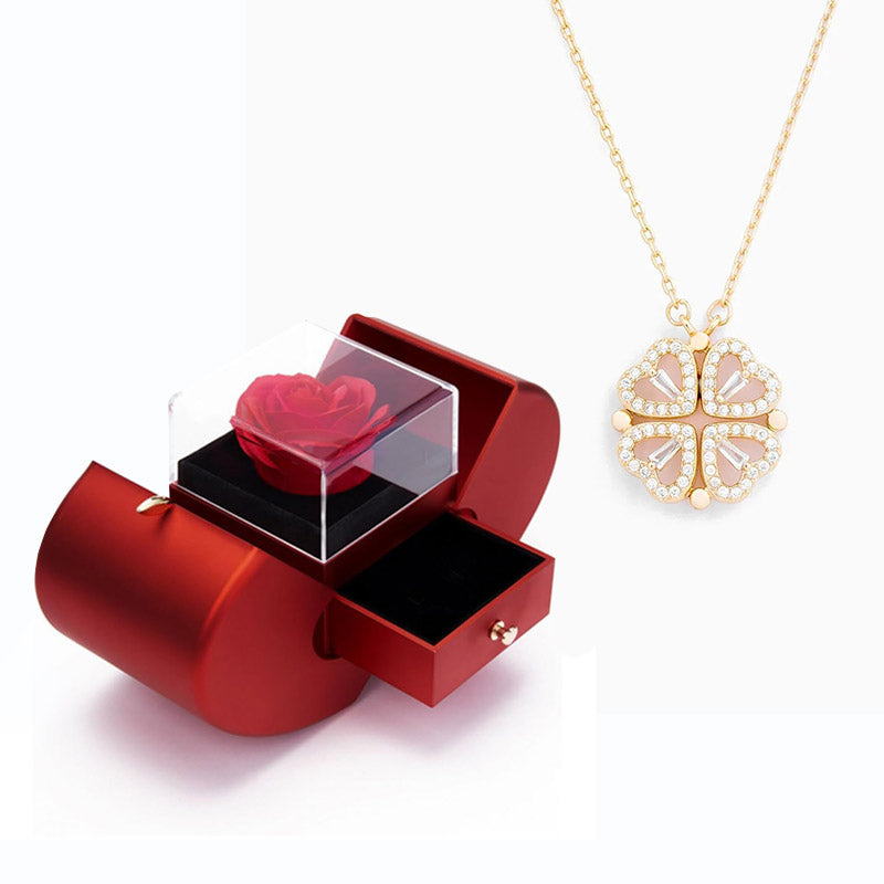 Coffret Pomme Rose Éternelle & Collier - "Cœur Porte-Bonheur"