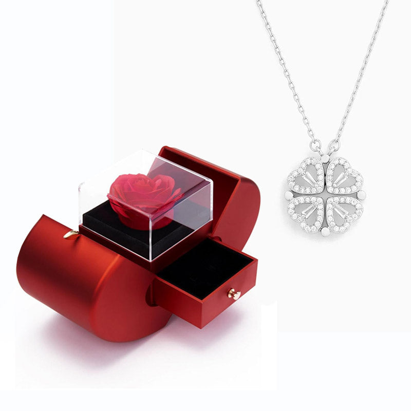 Coffret Pomme Rose Éternelle & Collier - "Cœur Porte-Bonheur"