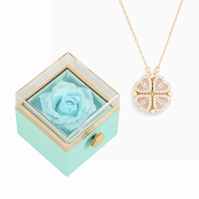 Coffret Rose Éternel & Collier - "Cœur Porte-Bonheur"