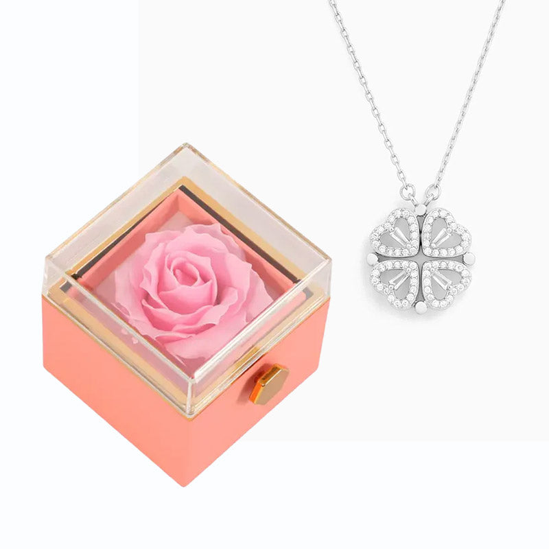 Coffret Rose Éternel & Collier - "Cœur Porte-Bonheur"