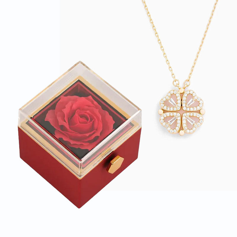 Coffret Rose Éternel & Collier - "Cœur Porte-Bonheur"