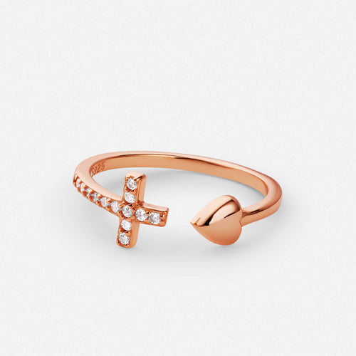 Bague Croisée en Or Rose en Forme de Cœur - Un Symbole d'Amour et de Foi